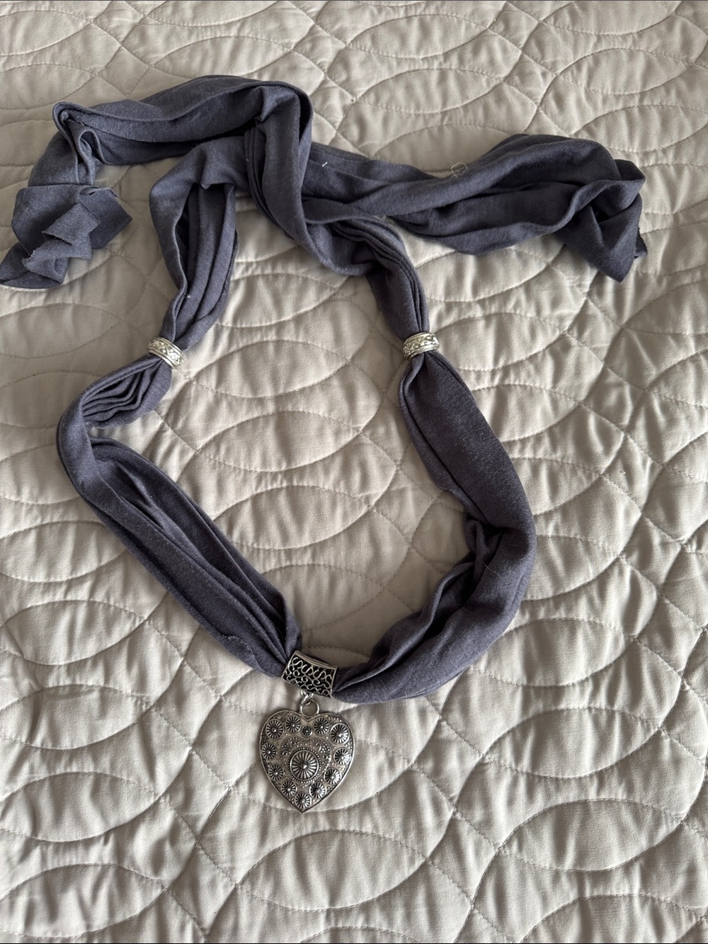 Silver Heart Pendant Scarf Necklace - Gray